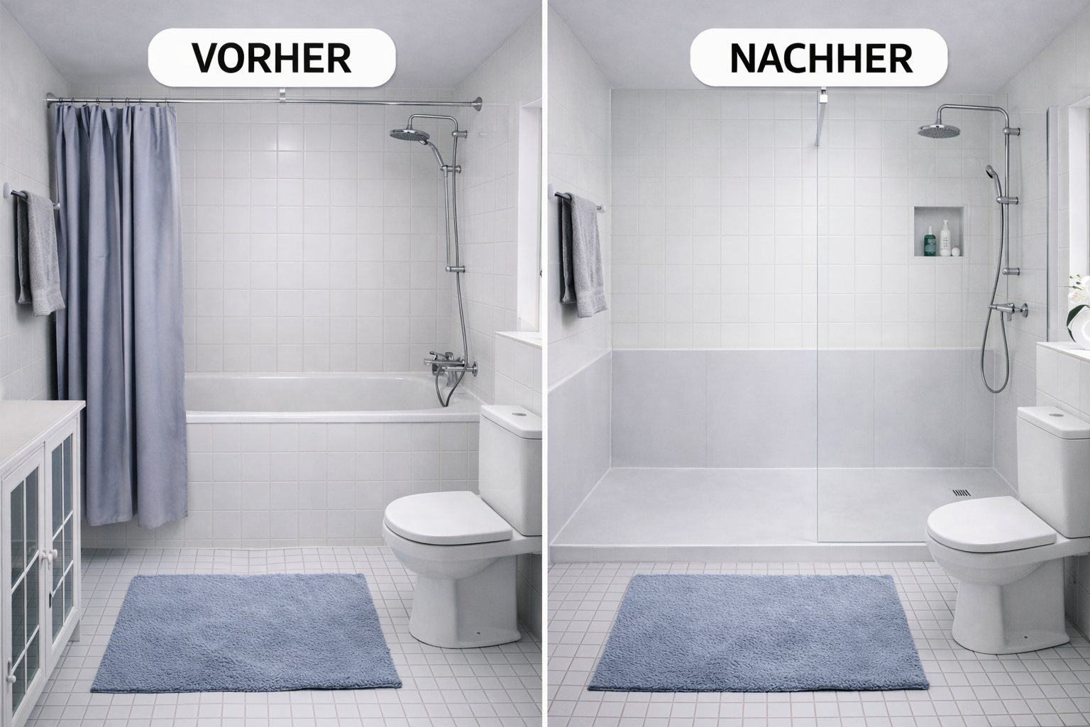 Vorher-Nachher-Vergleich: Badewanne wird zur barrierefreien Dusche