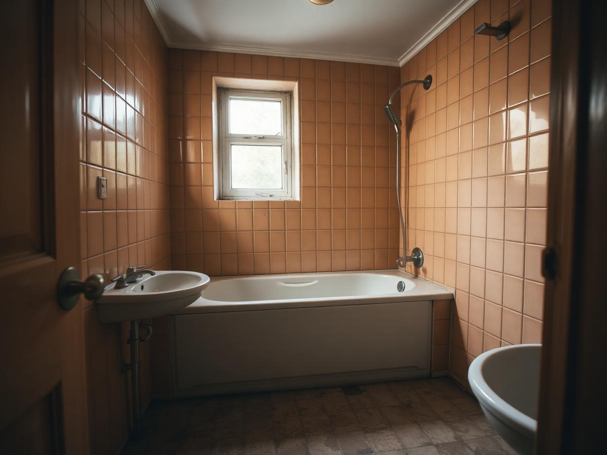 Altes Bad mit beigen Fliesen und Wanne